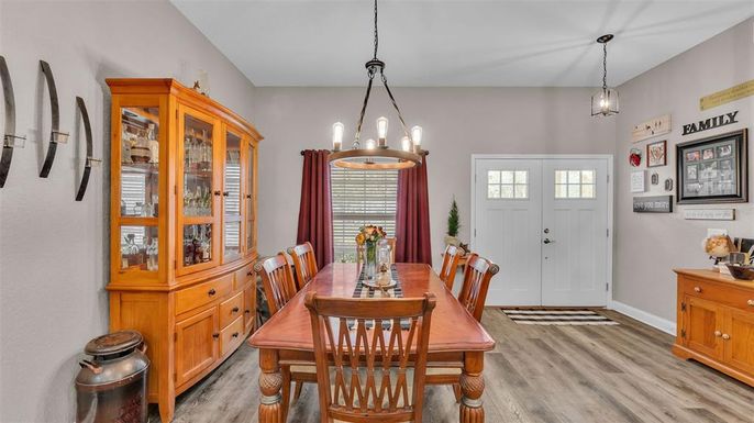 Dining room, Interior, Pendant Lights, Wood Texture Flooring