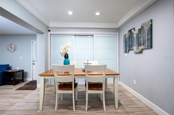 Dining room, Interior, Recessed Lighting, Wood Texture Flooring