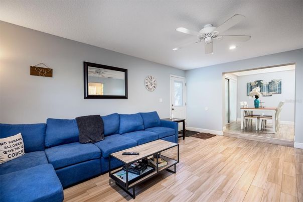 Dining room, Interior, Living room, Recessed Lighting, Wood Texture Flooring