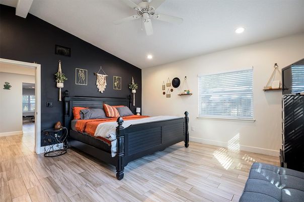 Bedroom, Interior, Recessed Lighting, Wood Texture Flooring