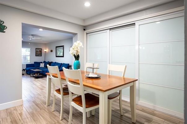 Dining room, Interior, Living room, Recessed Lighting, Wood Texture Flooring