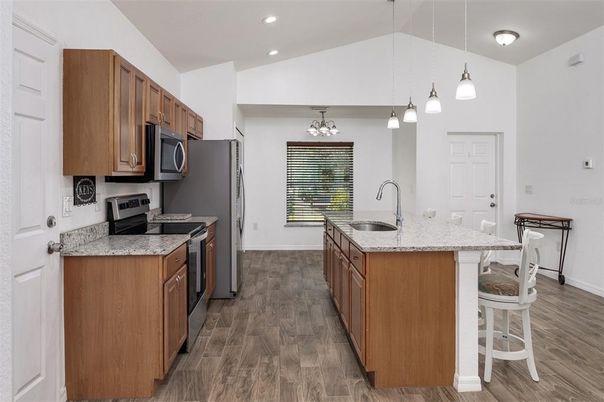 Interior, Kitchen, Pendant Lights, Recessed Lighting, Wood Texture Flooring