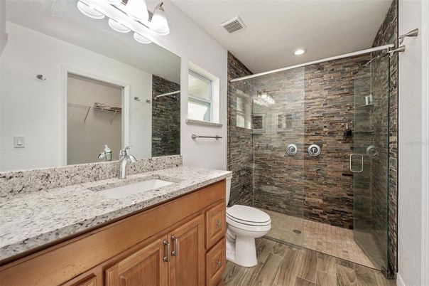 Bathroom, Glass Shower, Interior, Recessed Lighting, Wood Texture Flooring