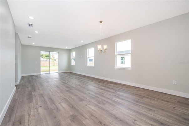 Chandelier, Empty room, Interior, Recessed Lighting, Wood Texture Flooring