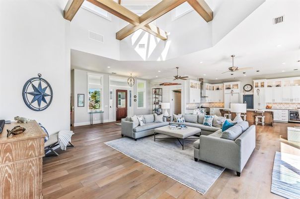 Interior, Kitchen, Living room, Pendant Lights, Recessed Lighting, Stainless Steel Appliances, Wooden Beams, Wood Texture Flooring