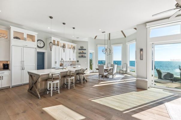 Dining room, Interior, Kitchen, Pendant Lights, Recessed Lighting, Water, Wood Texture Flooring