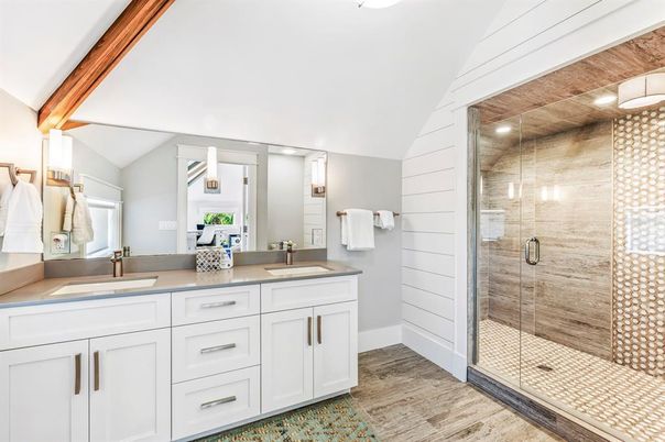 Bathroom, Dual Sink Vanities, Glass Shower, Interior, Wood Texture Flooring