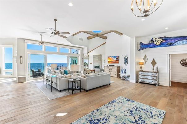 Fireplace, Interior, Living room, Pendant Lights, Recessed Lighting, Water, Wood Texture Flooring