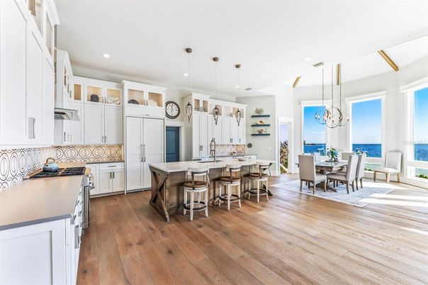 Dining room, Interior, Kitchen, Pendant Lights, Recessed Lighting, Water, Wood Texture Flooring