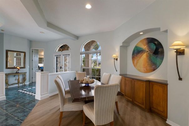 Dining room, Interior, Recessed Lighting, Wood Texture Flooring