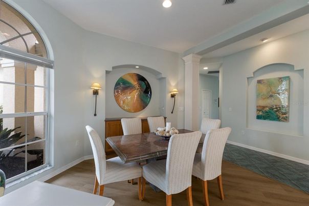 Dining room, Interior, Recessed Lighting, Wood Texture Flooring