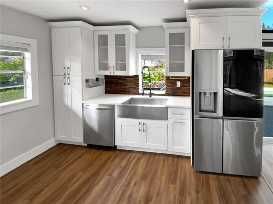 Interior, Kitchen, Recessed Lighting, Wood Texture Flooring