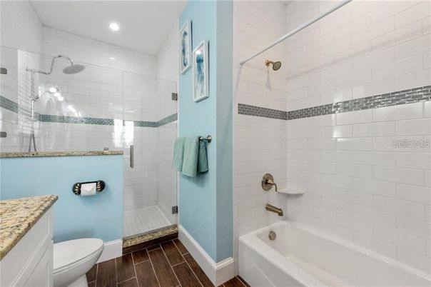 Bathroom, Glass Shower, Interior, Recessed Lighting, Wood Texture Flooring