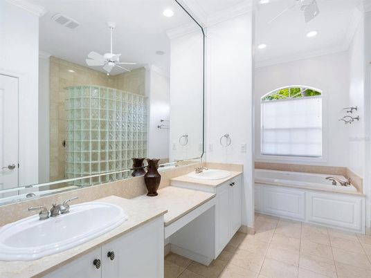 Bathroom, Dual Sink Vanities, Glass Shower, Interior, Recessed Lighting
