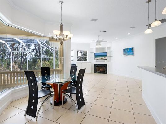 Dining room, Fireplace, Glass Ceilings, Interior, Pendant Lights, Recessed Lighting