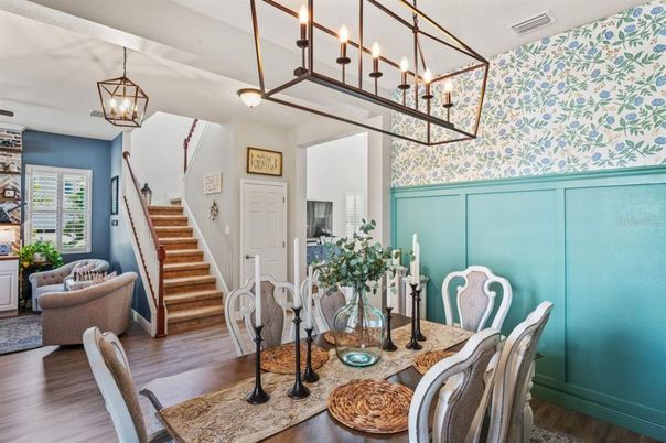 Dining room, Interior, Pendant Lights, Wood Texture Flooring