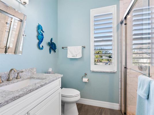 Bathroom, Glass Shower, Interior, Wood Texture Flooring