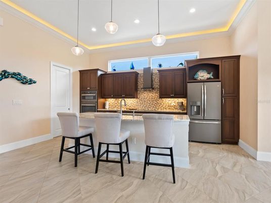 Interior, Kitchen, Marble, Pendant Lights, Recessed Lighting, Stainless Steel Appliances
