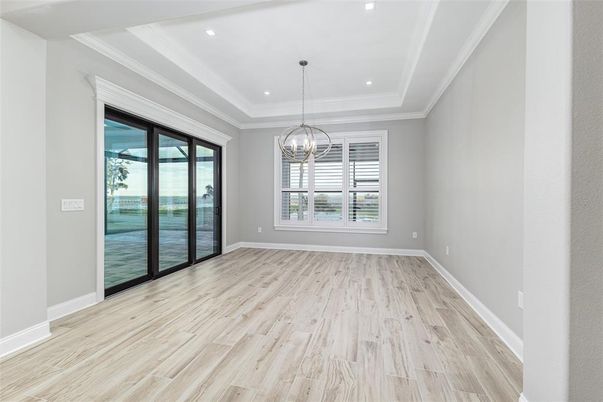 Chandelier, Empty room, Interior, Recessed Lighting, Wood Texture Flooring