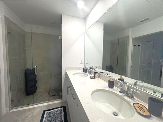 Bathroom, Dual Sink Vanities, Glass Shower, Interior, Recessed Lighting