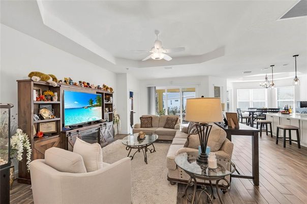 Dining room, Interior, Living room, Pendant Lights, Wood Texture Flooring