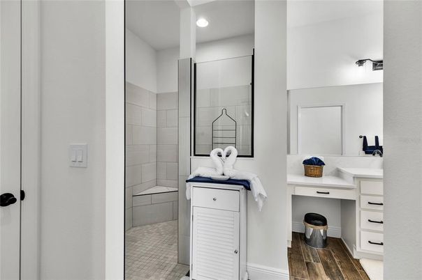 Bathroom, Interior, Recessed Lighting, Wood Texture Flooring