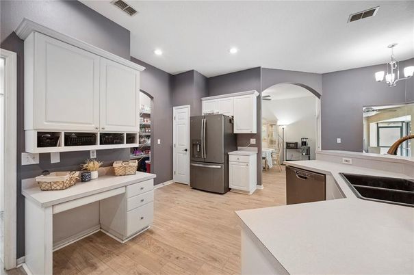 Chandelier, Interior, Kitchen, Recessed Lighting, Wood Texture Flooring