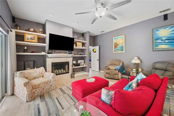 Fireplace, Interior, Living room, Recessed Lighting, Wood Texture Flooring