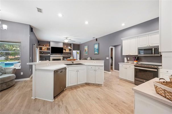 Interior, Kitchen, Recessed Lighting, Stainless Steel Appliances, Wood Texture Flooring