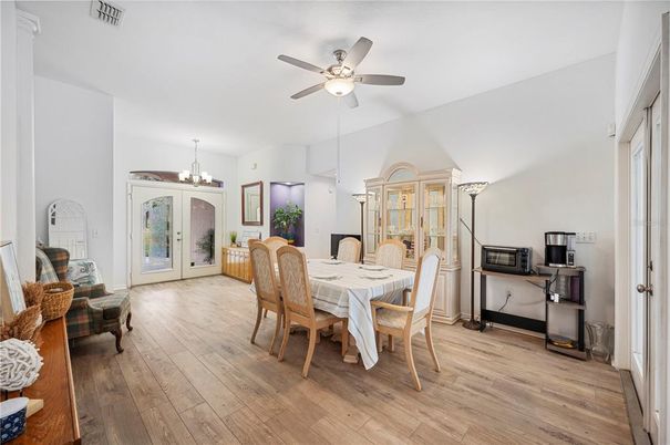 Chandelier, Dining room, Interior, Wood Texture Flooring