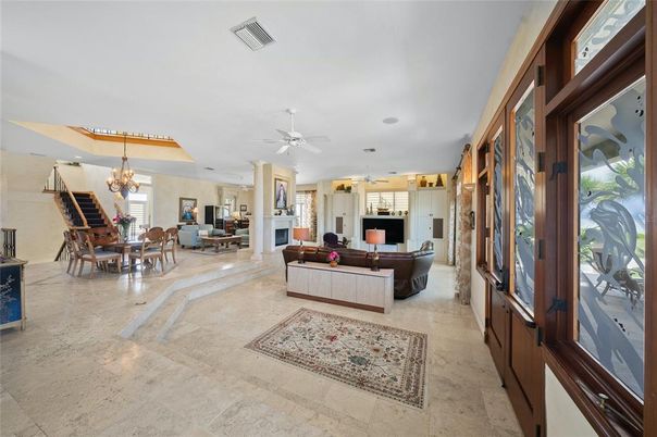 Chandelier, Dining room, Fireplace, Interior, Living room, Recessed Lighting