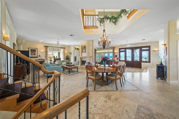 Chandelier, Dining room, Fireplace, Interior, Living room, Recessed Lighting