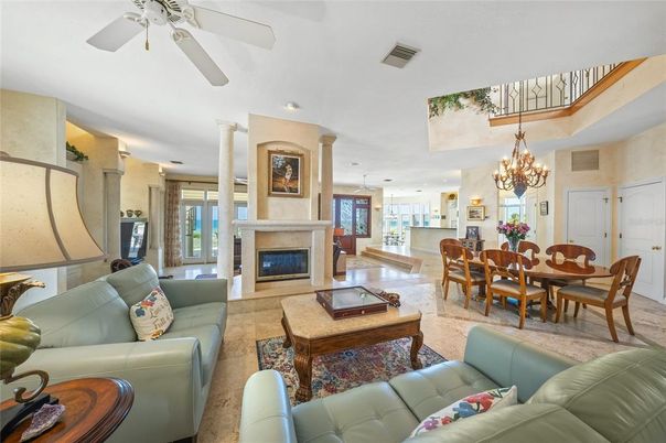 Chandelier, Dining room, Fireplace, Interior, Living room, Pendant Lights, Recessed Lighting