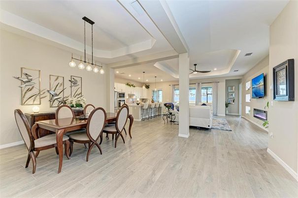Dining room, Interior, Kitchen, Living room, Pendant Lights, Recessed Lighting, Wood Texture Flooring