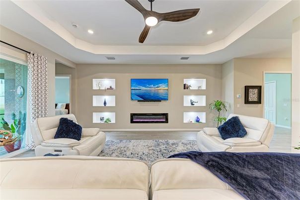 Fireplace, Interior, Living room, Recessed Lighting, Wood Texture Flooring