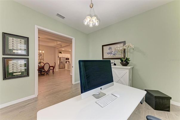 Home Office, Interior, Pendant Lights, Wood Texture Flooring