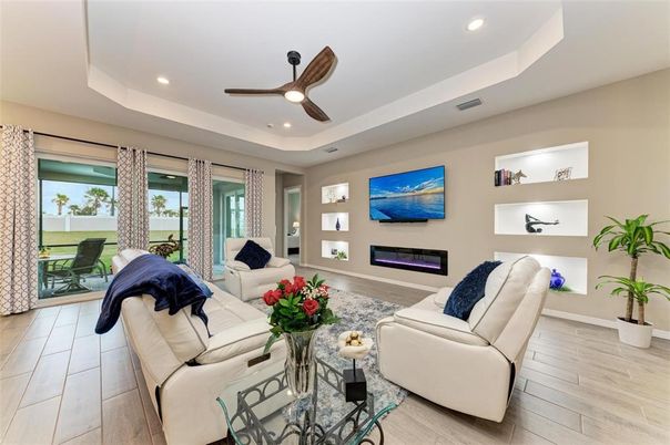 Fireplace, Interior, Living room, Recessed Lighting, Wood Texture Flooring