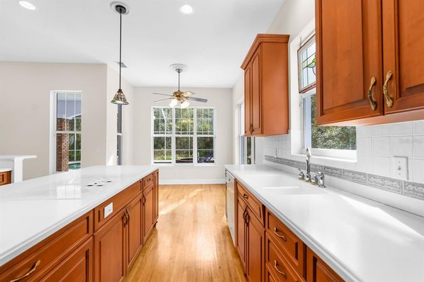 Interior, Kitchen, Pendant Lights, Recessed Lighting, Wood Texture Flooring