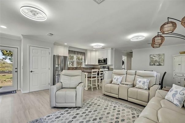 Interior, Kitchen, Living room, Recessed Lighting, Stainless Steel Appliances, Wood Texture Flooring