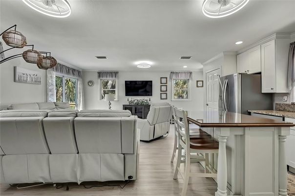 Interior, Kitchen, Living room, Recessed Lighting, Stainless Steel Appliances, Wood Texture Flooring