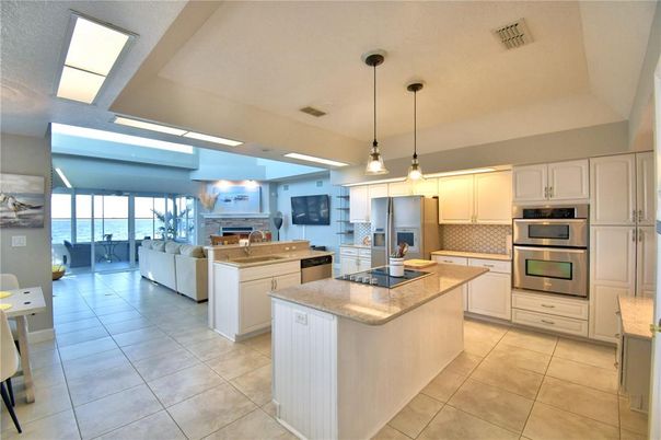 Fireplace, Interior, Kitchen, Living room, Pendant Lights, Stainless Steel Appliances, Water