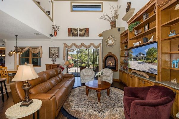 Fireplace, Interior, Living room, Pendant Lights, Wood Texture Flooring