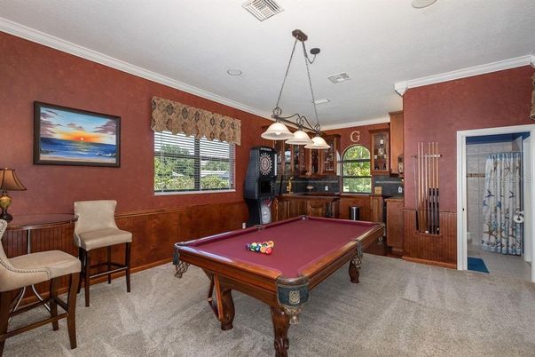 Billiard Table, Chandelier, Game Room, Interior, Pendant Lights