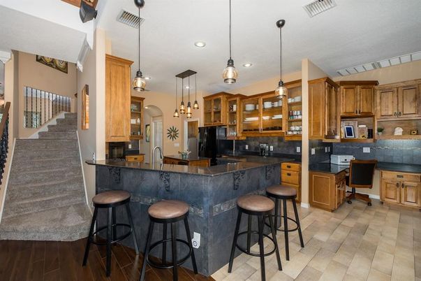 Interior, Kitchen, Pendant Lights, Recessed Lighting, Wood Texture Flooring