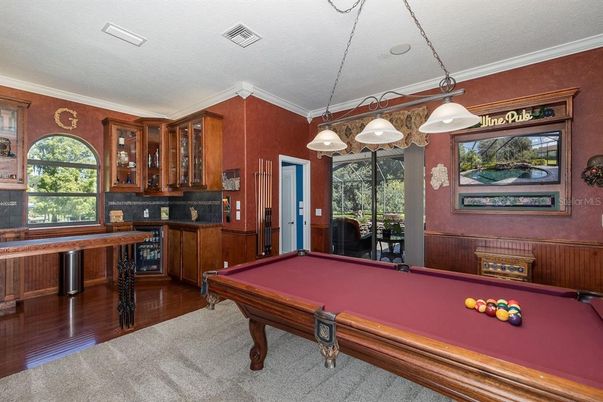 Billiard Table, Game Room, Interior, Pendant Lights, Wood Texture Flooring