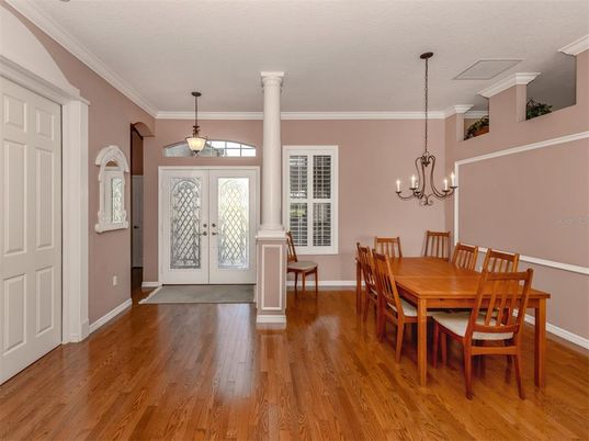 Chandelier, Dining room, Interior, Pendant Lights, Wood Texture Flooring