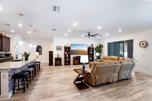 Interior, Kitchen, Living room, Pendant Lights, Recessed Lighting, Wood Texture Flooring