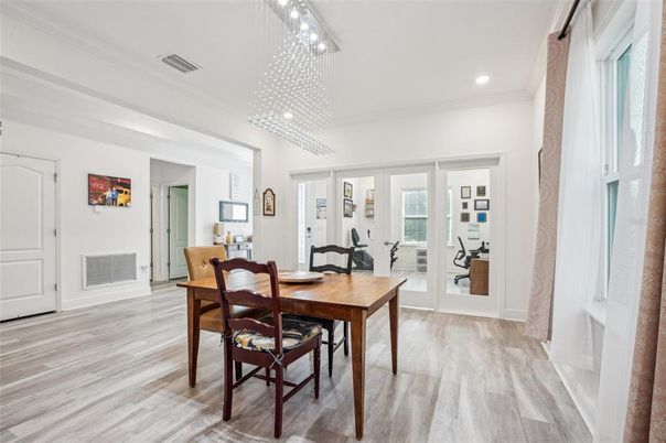 Dining room, Interior, Pendant Lights, Recessed Lighting, Wood Texture Flooring
