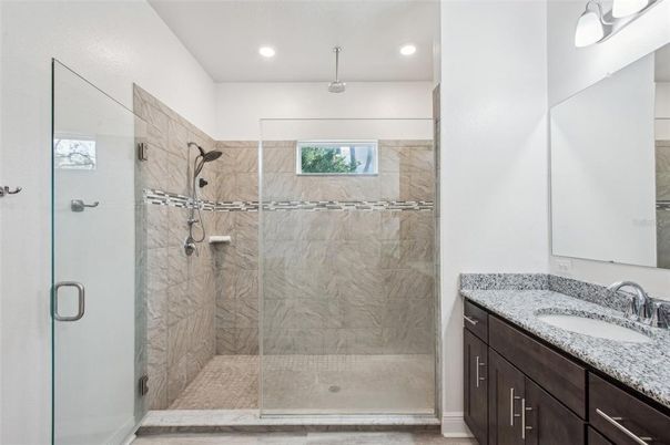 Bathroom, Glass Shower, Interior, Marble Walls, Recessed Lighting