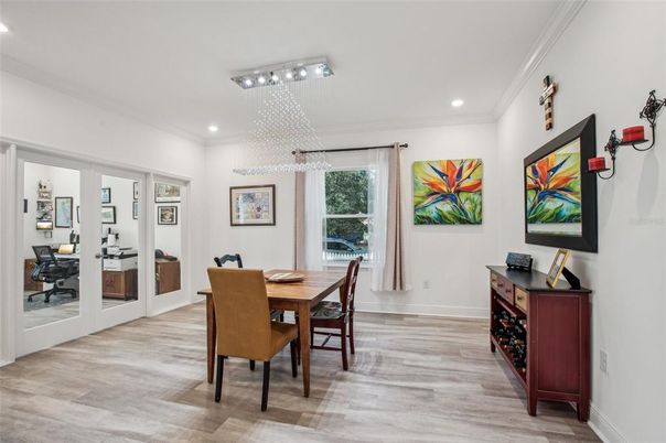 Dining room, Interior, Recessed Lighting, Wood Texture Flooring